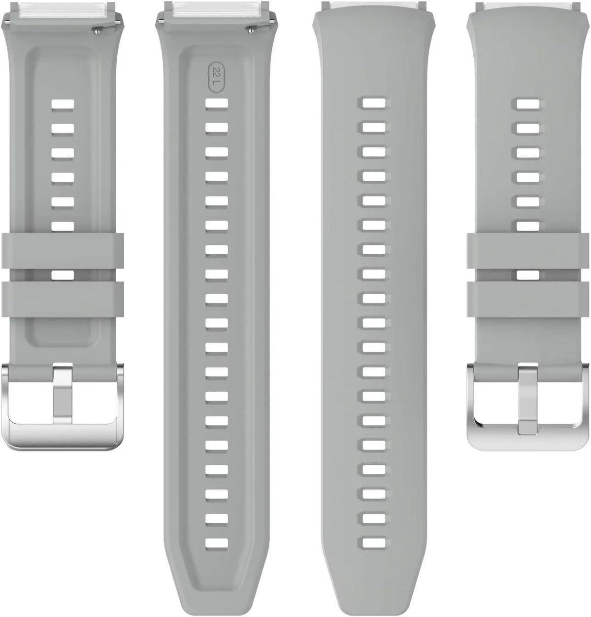 Silicone Strap, grey, laid flat, separate parts, direct top view