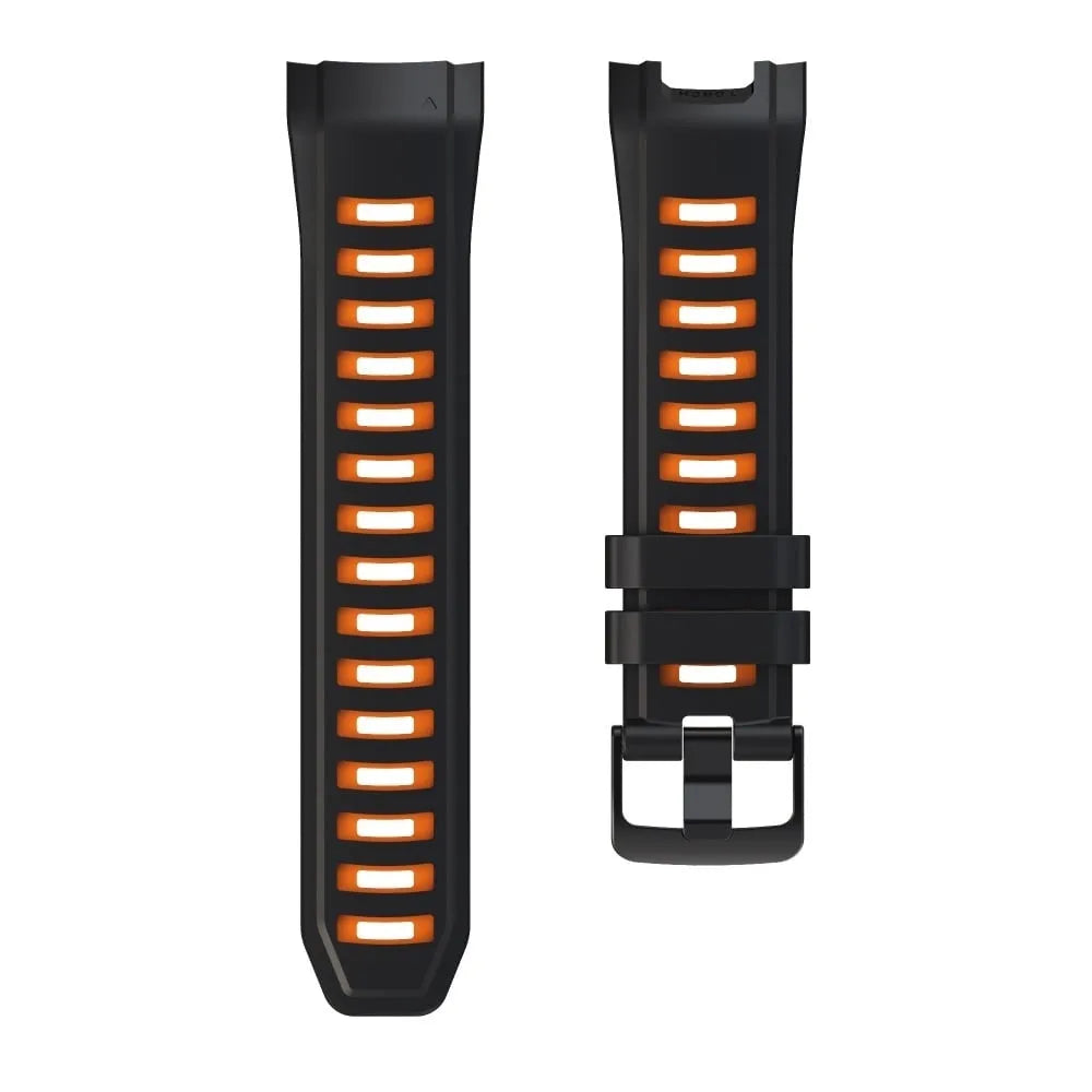 Silicone Sport Strap, black/orange, laid flat, separate parts, direct top view