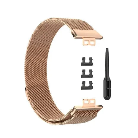 Milanese Strap, rose gold, laid flat, separate parts, direct top view
