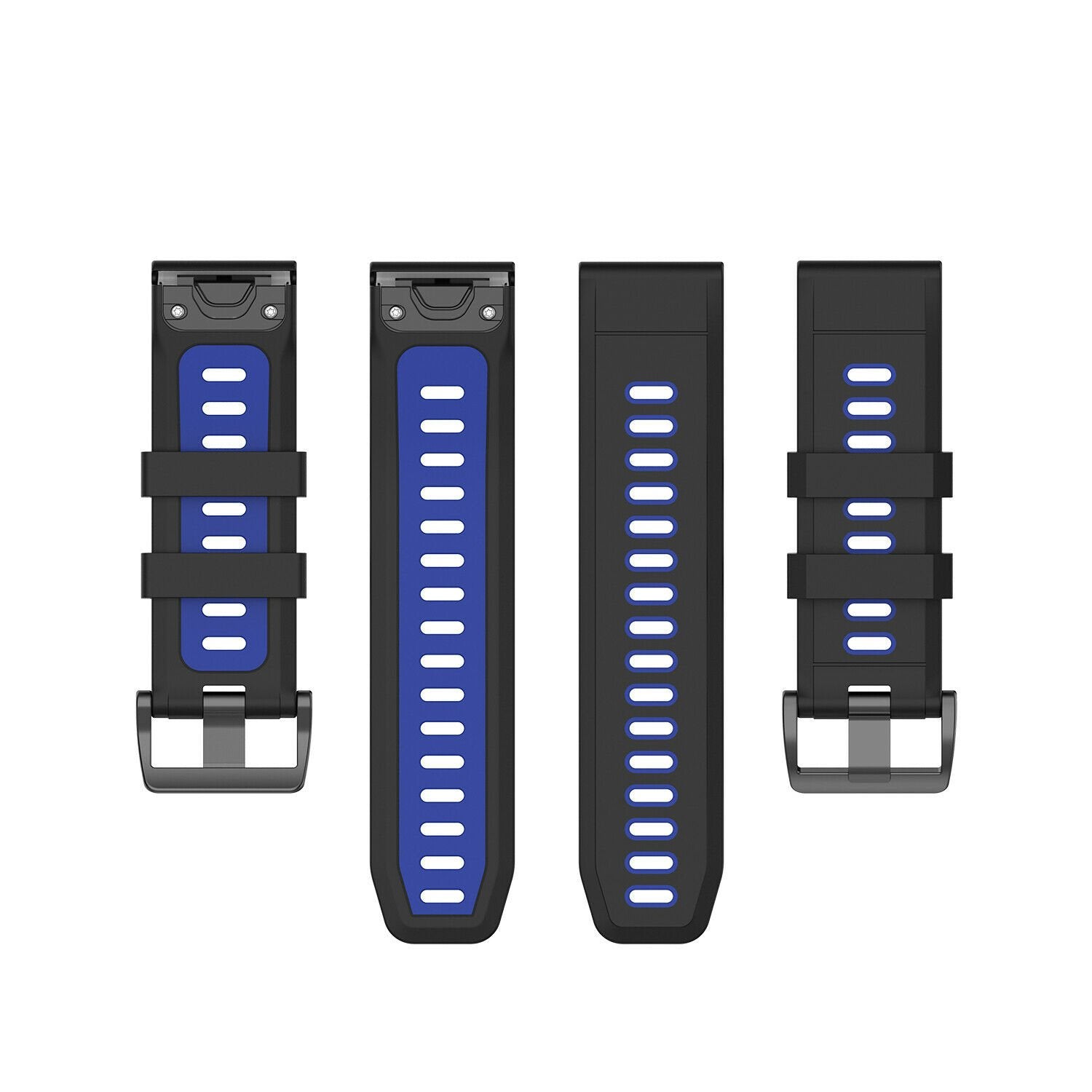 Silicone Sport Buckle Strap, laid flat, separate parts, top and underside view