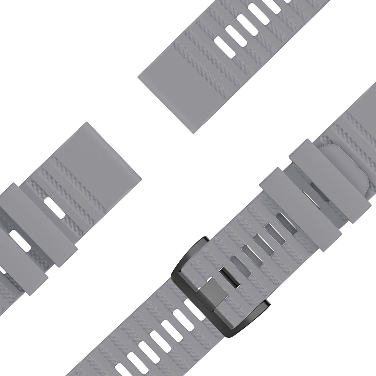 Buckled Silicone Strap, grey, laid flat, joined, 45° top view
