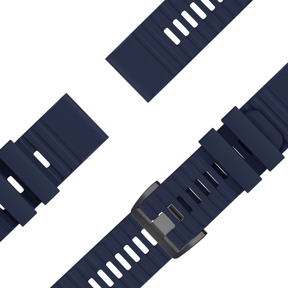 Buckled Silicone Strap, dark blue, laid flat, joined, 45° top view