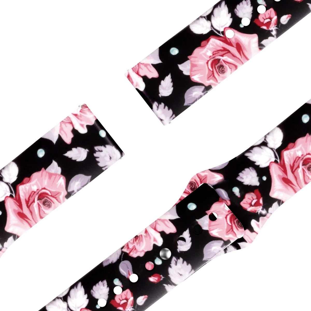 Silicone Patterned Strap, flowers, laid flat, joined, 45° top view