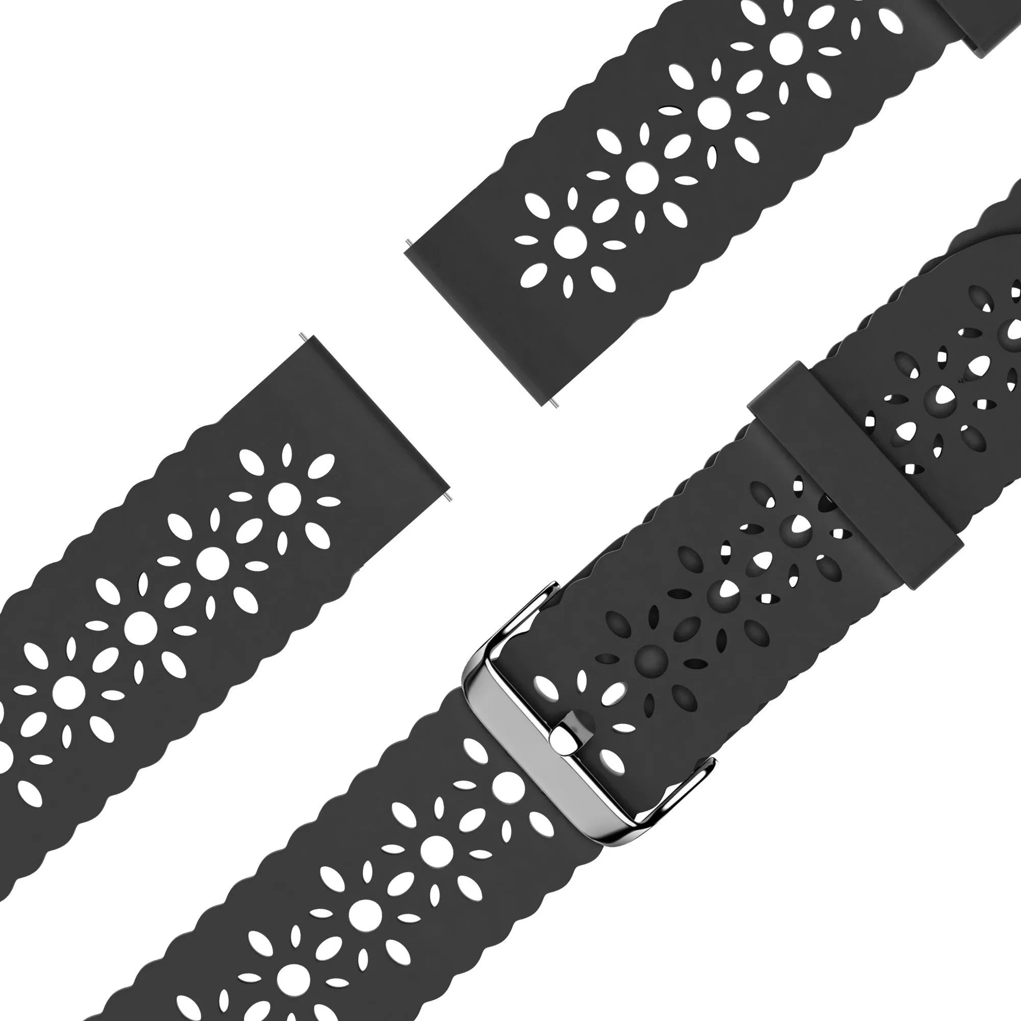 Patterned Silicone Strap, black, laid flat, joined, 45° top view