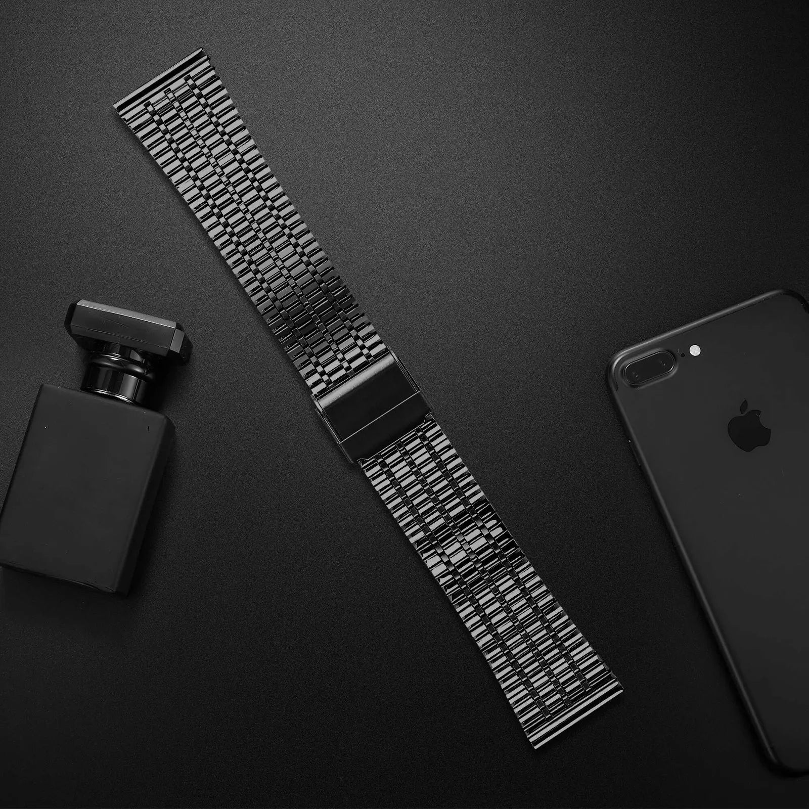 Fine Steel Strap, black, laid flat, joined, 45° top view