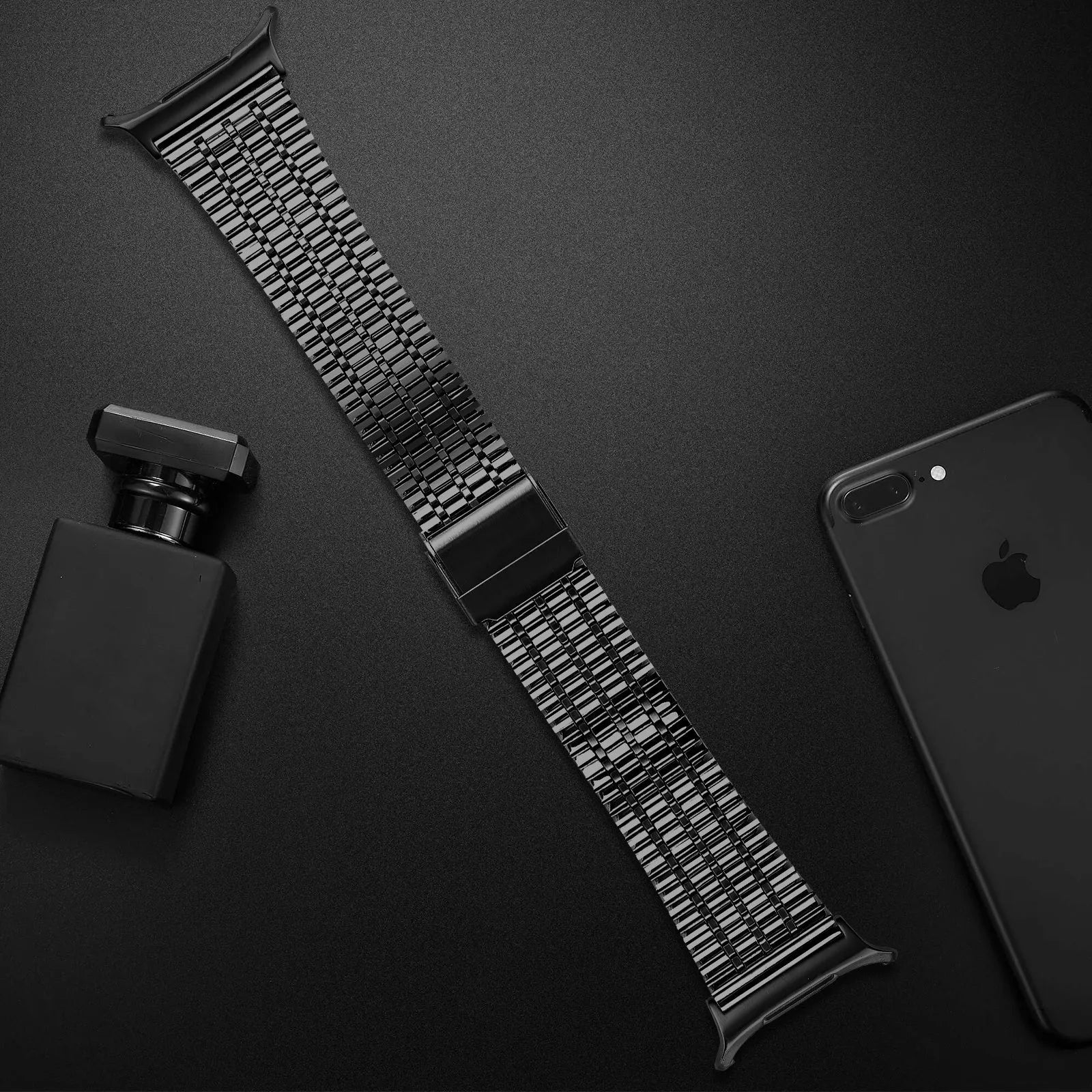 Stainless Steel Strap, black, laid flat, joined, 45° top view