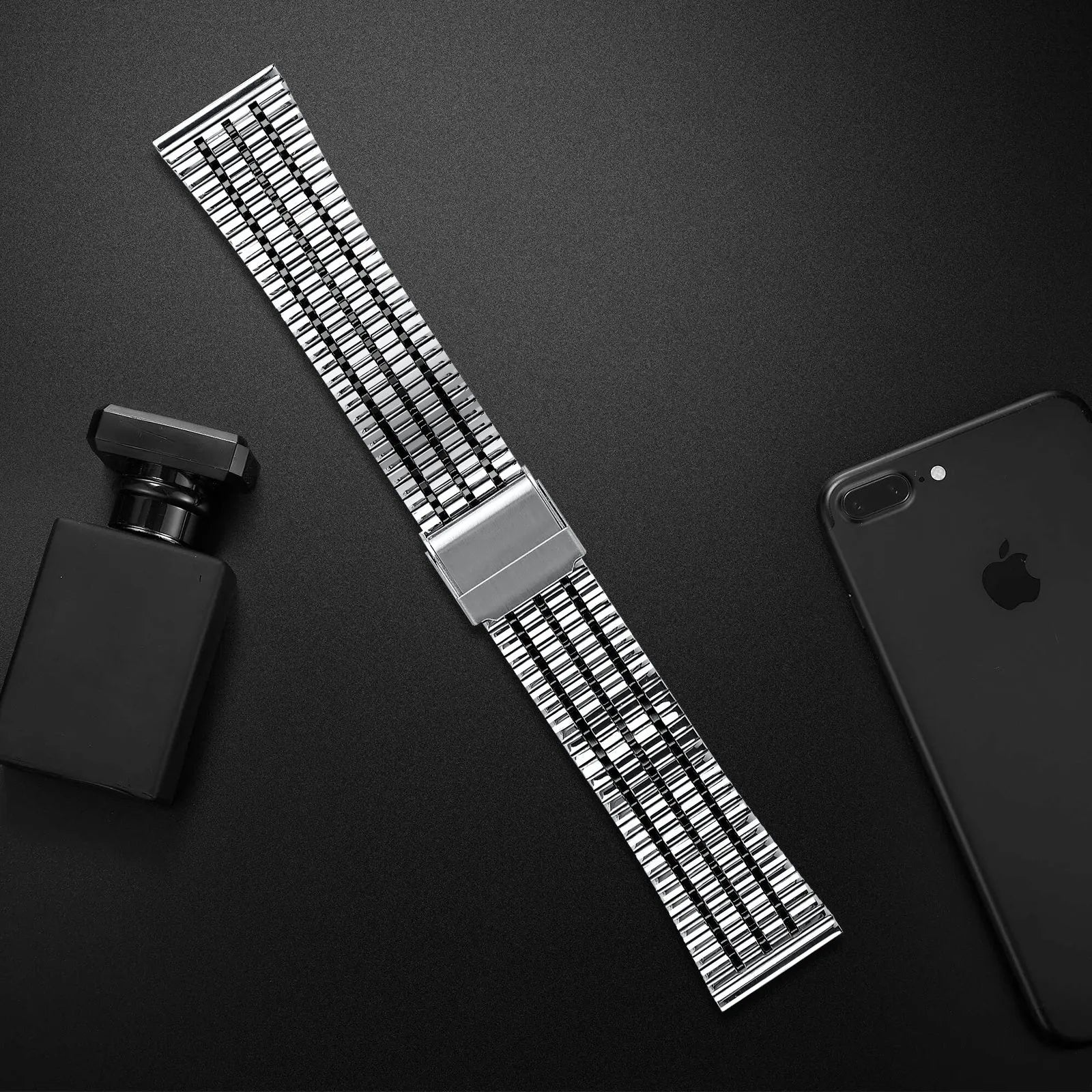 Fine Steel Strap, silver/black, laid flat, joined, 45° top view