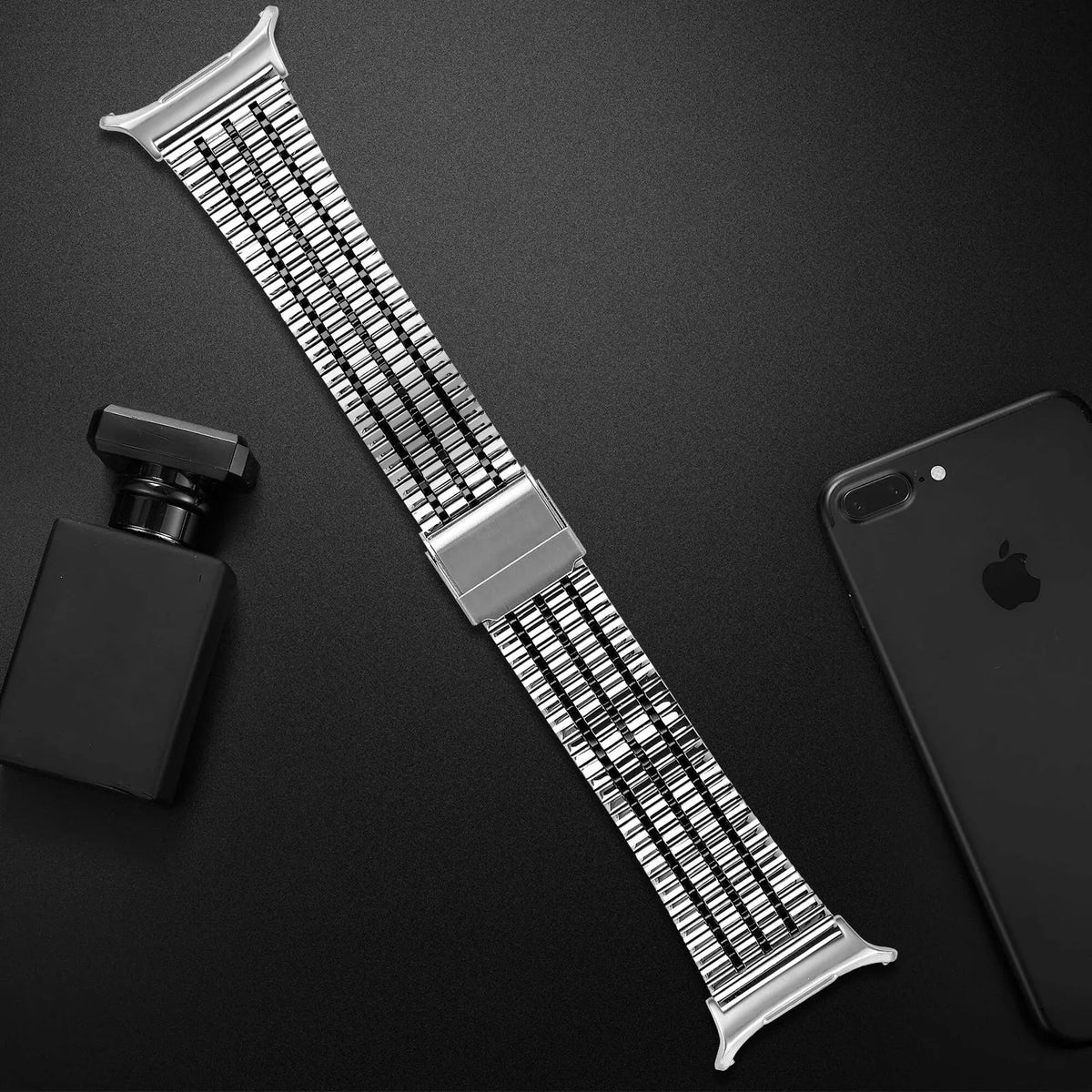 Stainless Steel Strap, silver/black, laid flat, joined, 45° top view