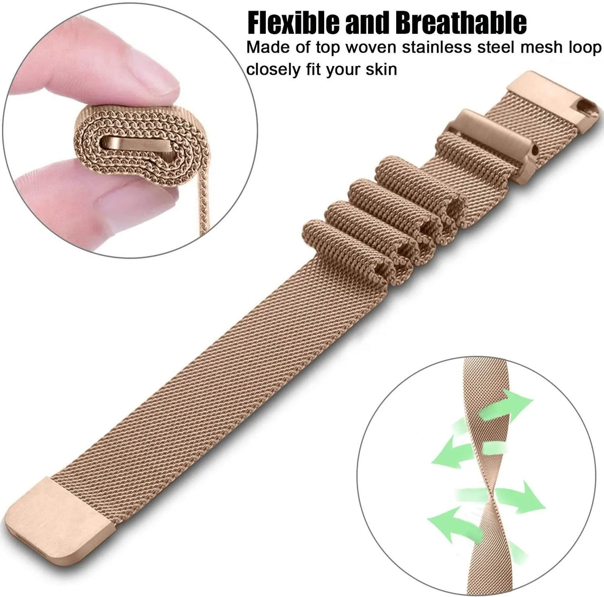 Milanese Strap, rose gold, infographic (USP banner)