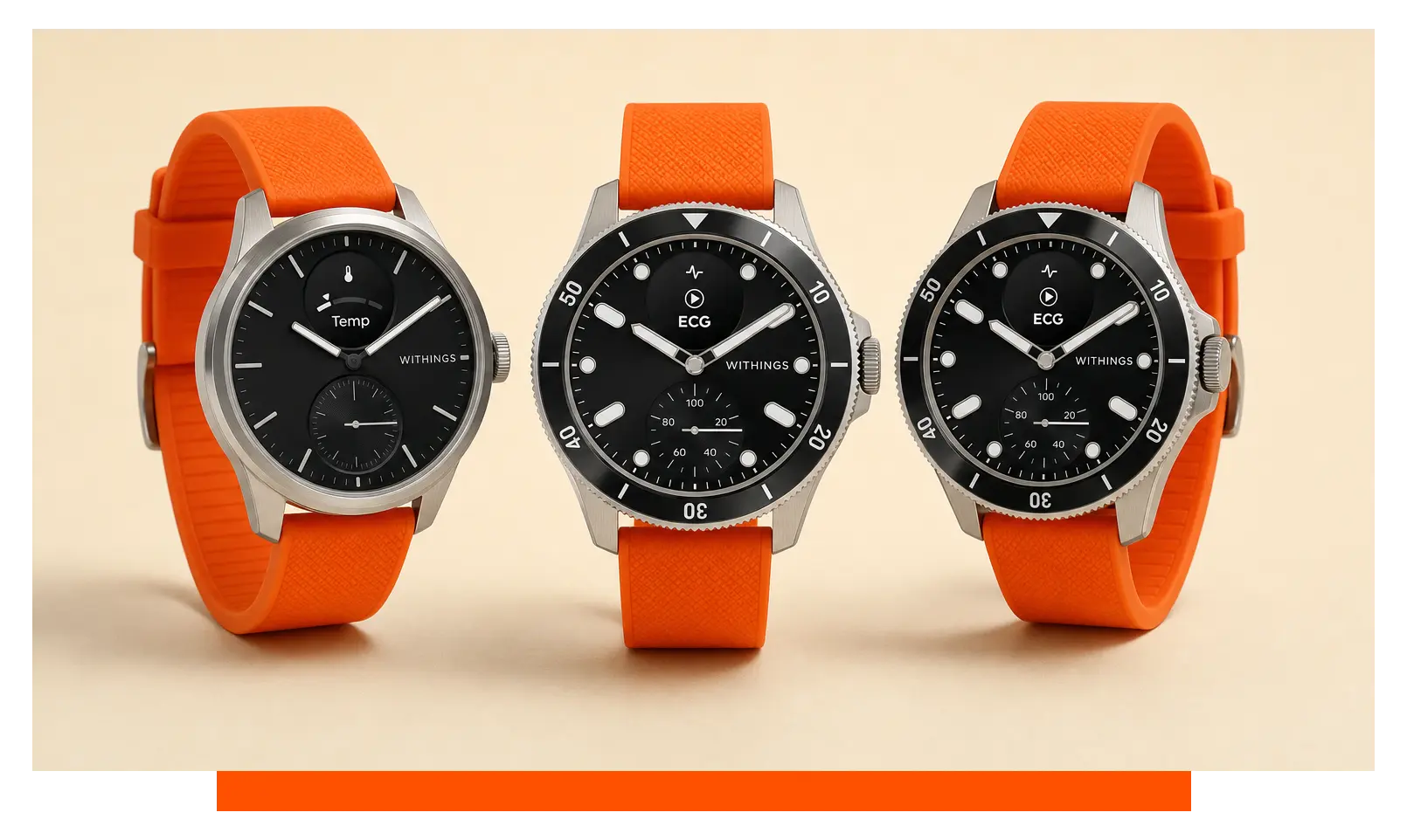 Three smartwatches shown side by side, floating in the studio - Garmin Vivomove and Withings Scanwatch 2 and Withings Scanwatch Nova