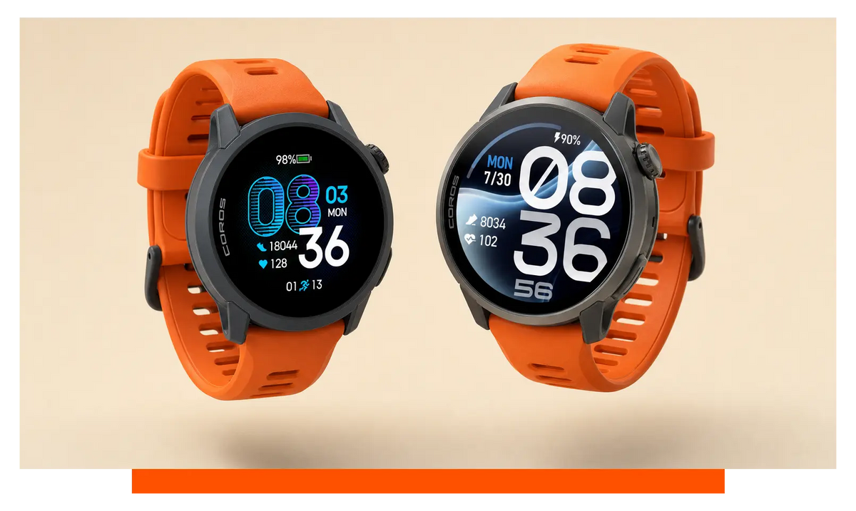 Two smartwatches shown side by side, floating in the studio - Coros Pace 4 and Coros Pace 4 Pro