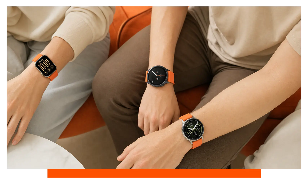 Three smartwatches worn on separate wrists, worn, at home - Apple Watch Series 12 and Samsung Galaxy Watch 9 and Garmin Venu 4