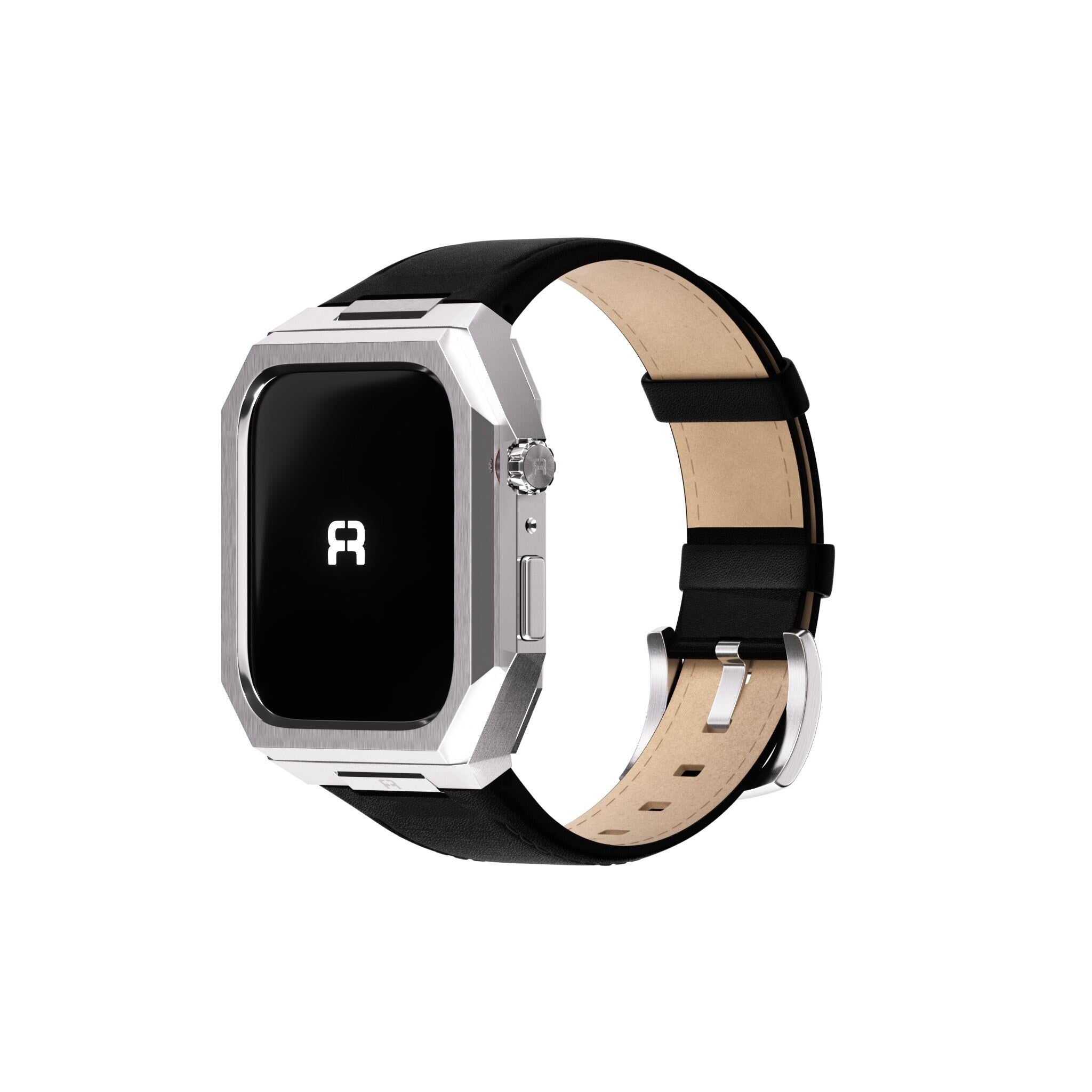 Reqior Apple Watch 45mm Metal Case with Leather Strap (Silver/Black)