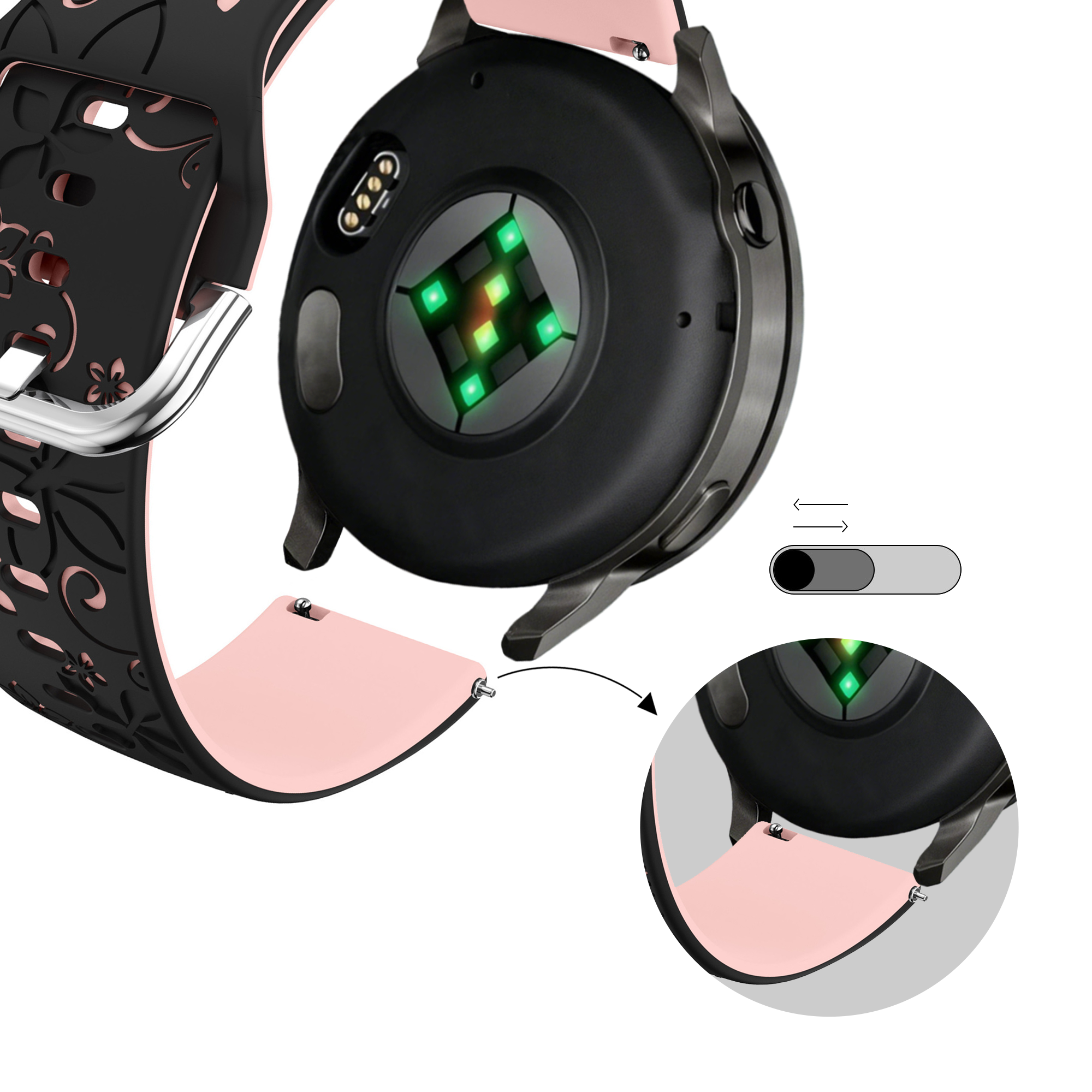 Bandz Garmin Forerunner 645 Silicone Strap 'Flowers' (Black/Light Pink)