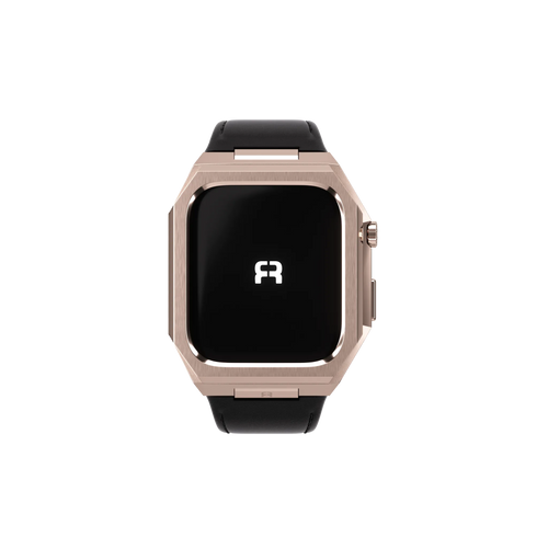 Reqior Apple Watch 45mm Metal Case with Leather Strap (Rose Gold/Black)