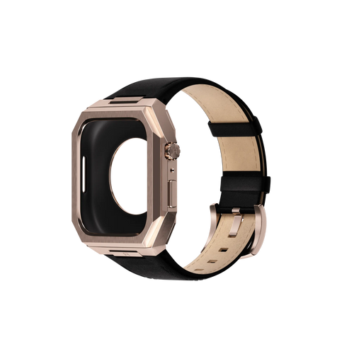 Reqior Apple Watch 45mm Metal Case with Leather Strap (Rose Gold/Black)