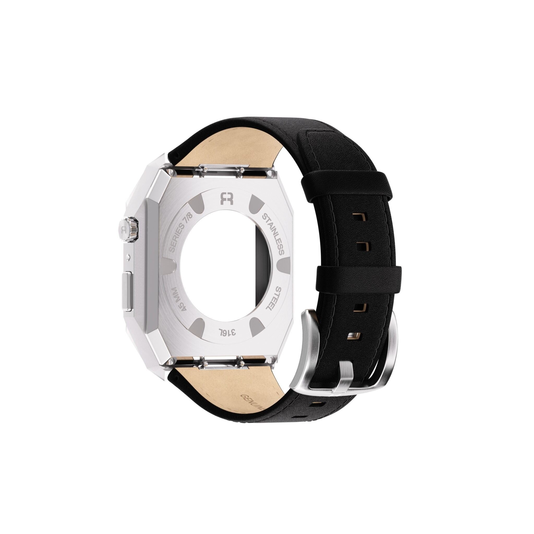 Reqior Apple Watch 45mm Metal Case with Leather Strap (Silver/Black)