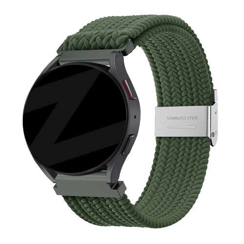 Woven Nylon Strap, olive green, on a watch, 3/4 front view