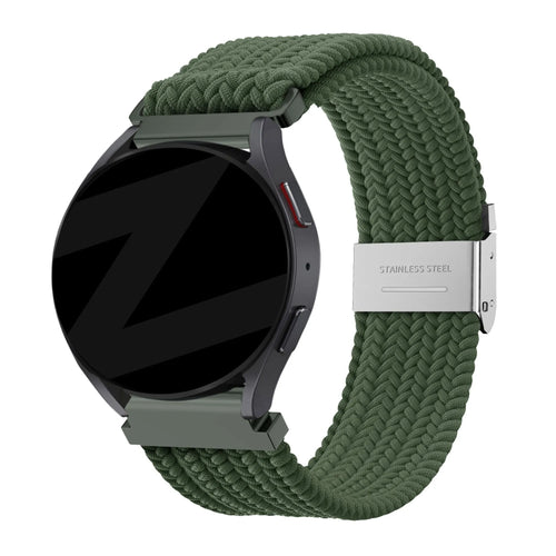 Woven Nylon Strap, olive green, on a watch, 3/4 front view
