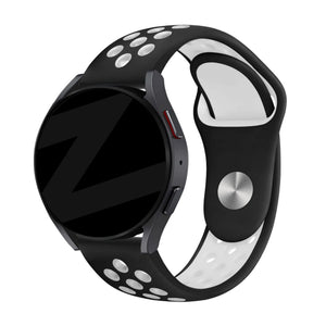 Silicone Sport Strap 'Deluxe', black/white, on a watch, 3/4 front view