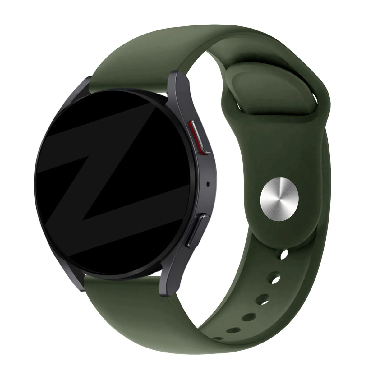 Silicone Sport Strap 'Deluxe', olive green, on a watch, 3/4 front view