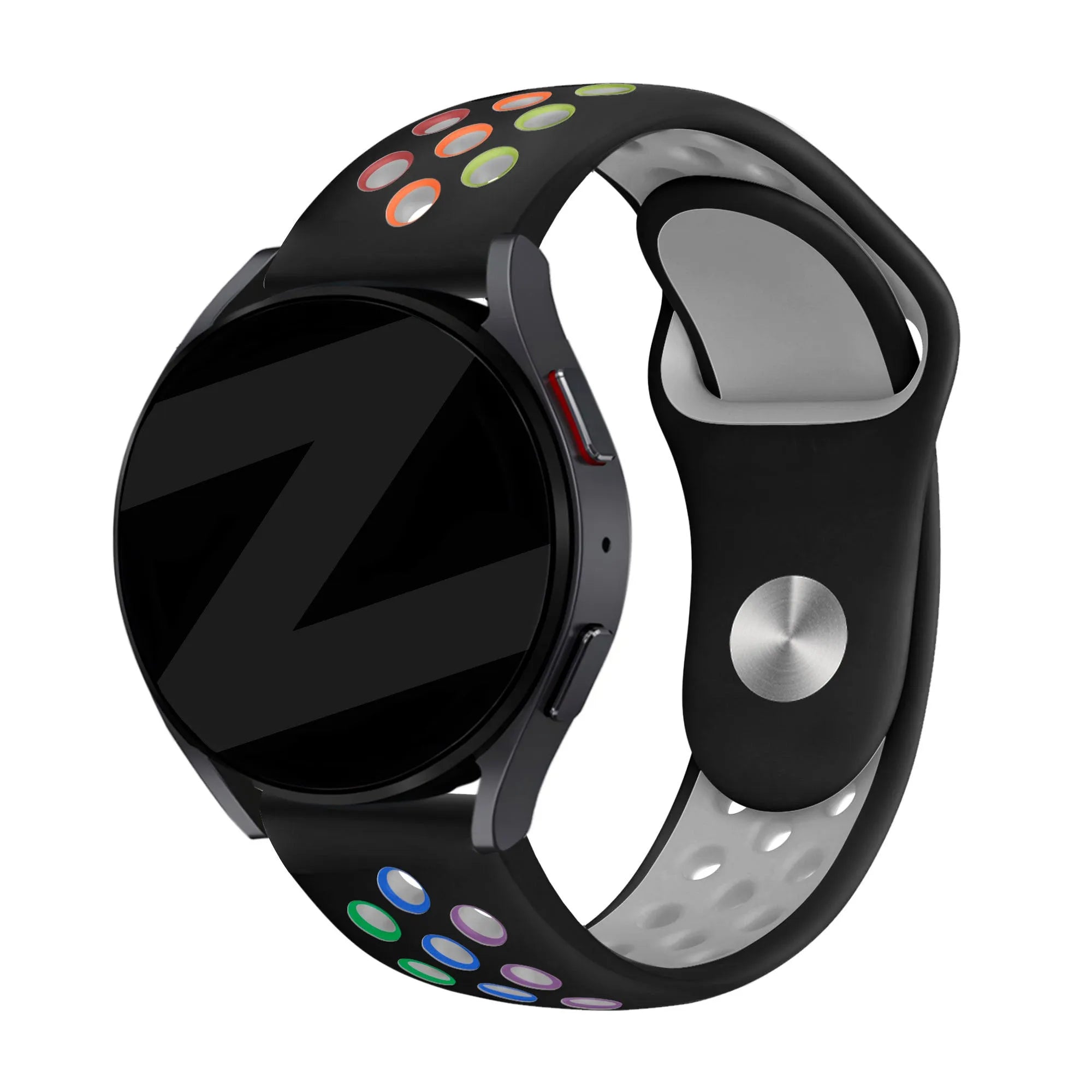 Silicone Sport Strap 'Deluxe', black/colourful, on a watch, 3/4 front view