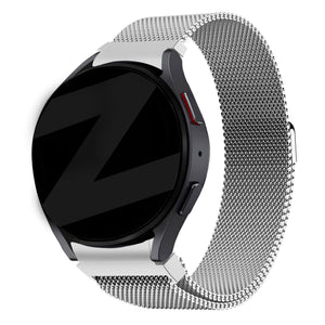 Milanese Loop Strap, silver, on a watch, 3/4 front view