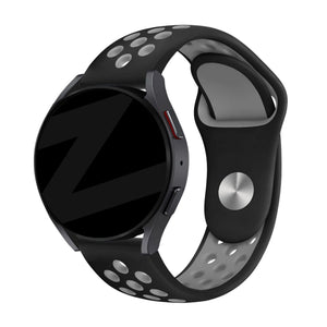 Silicone Sport Strap 'Deluxe', black/grey, on a watch, 3/4 front view