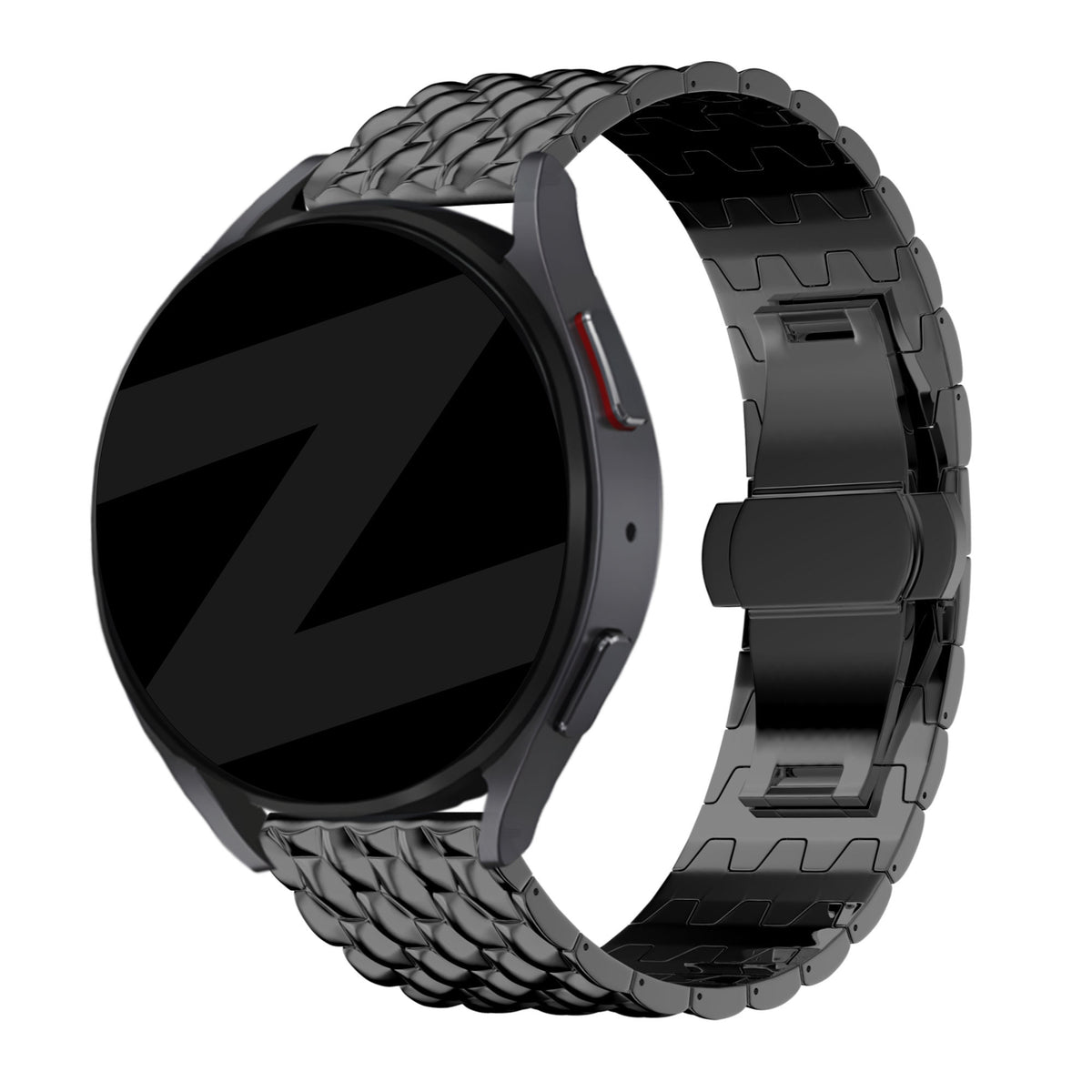 Steel Strap 'Dragon', black, on a watch, 3/4 front view