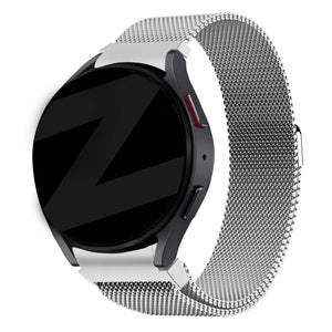 Milanese Loop Strap, silver, on a watch, 3/4 front view