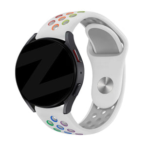 Silicone Sport Strap 'Deluxe', white/colourful, on a watch, 3/4 front view