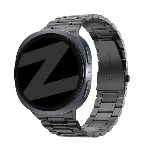 Steel Strap 'Deluxe', black, on a watch, 3/4 front view