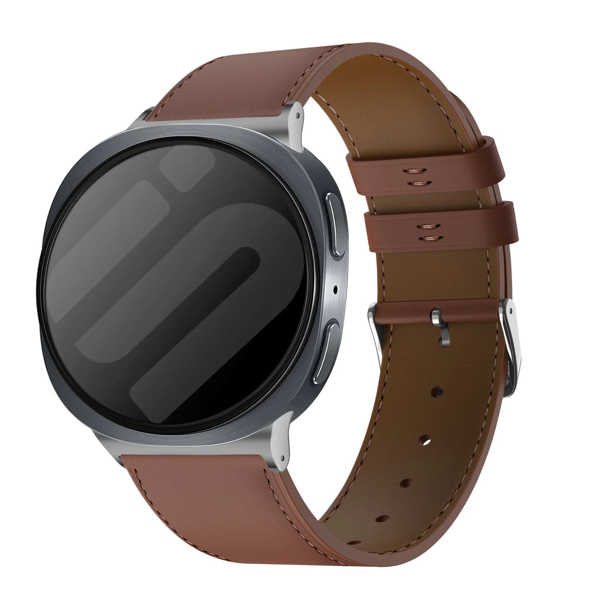 Modern Leather Strap, brown, on a watch, 3/4 front view