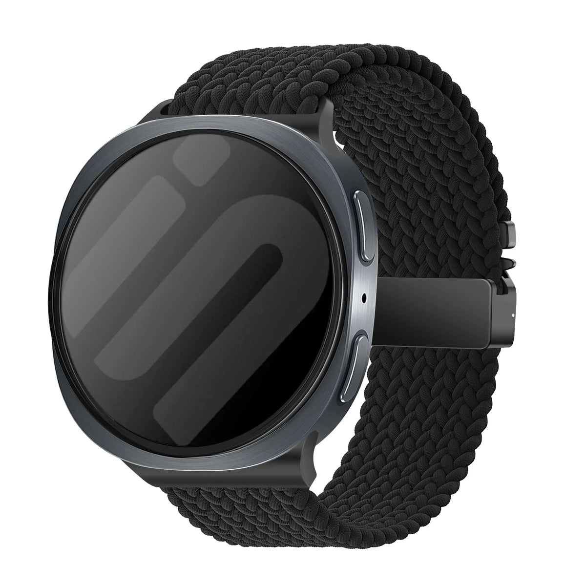 Nylon Braided Strap P-Buckle, black, on a watch, 3/4 front view