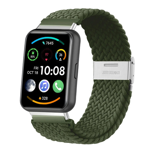 Nylon Adjustable Braided Strap, green, on a watch, 3/4 front view
