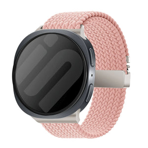 Nylon Braided Strap P-Buckle, pink, on a watch, 3/4 front view