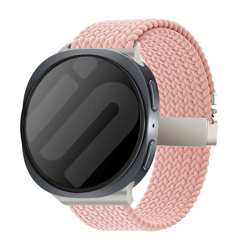 Nylon Braided Strap P-Buckle, pink, on a watch, 3/4 front view