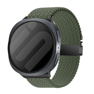 Nylon Braided Strap P-Buckle, army green, on a watch, 3/4 front view