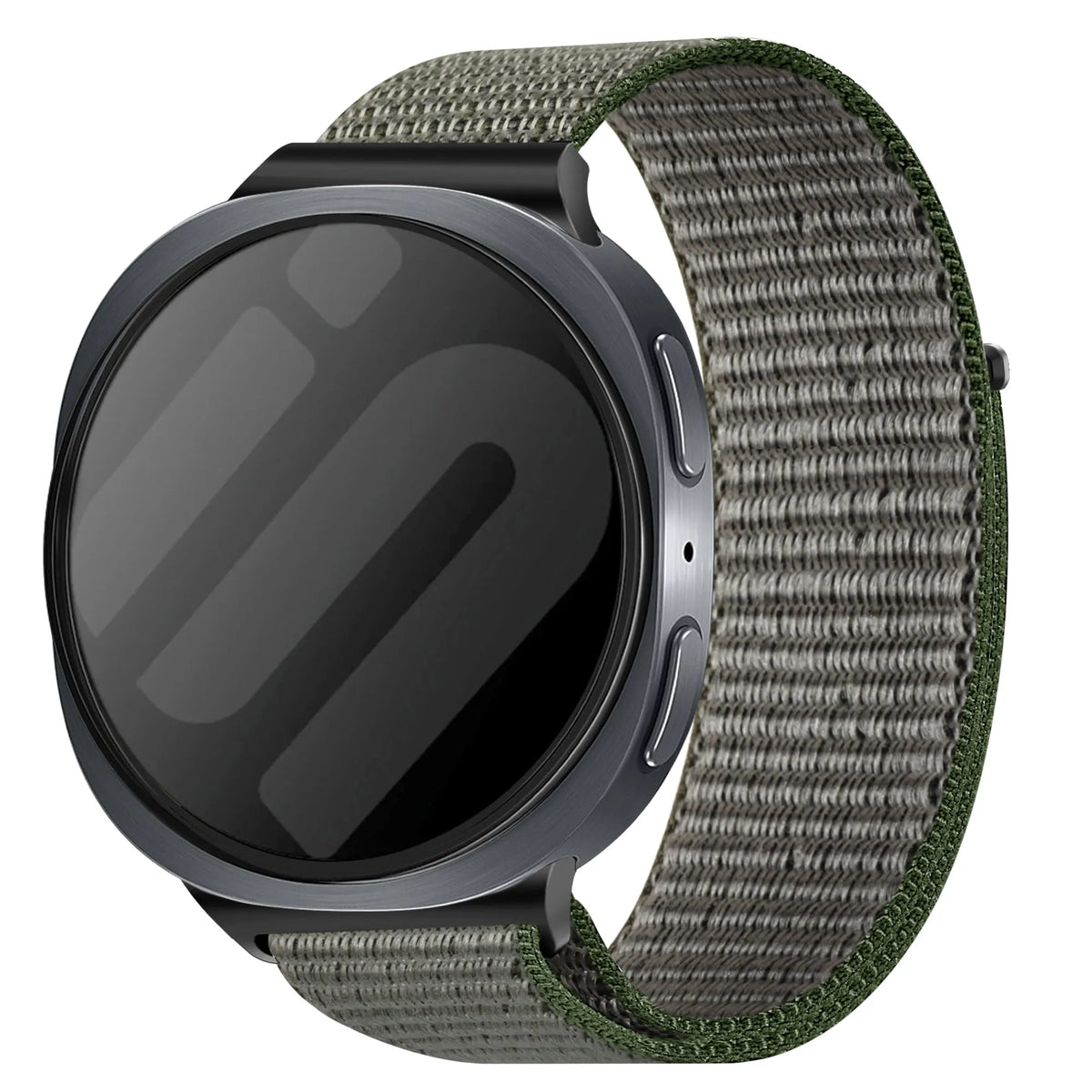 Nylon Strap, olive green, on a watch, 3/4 front view