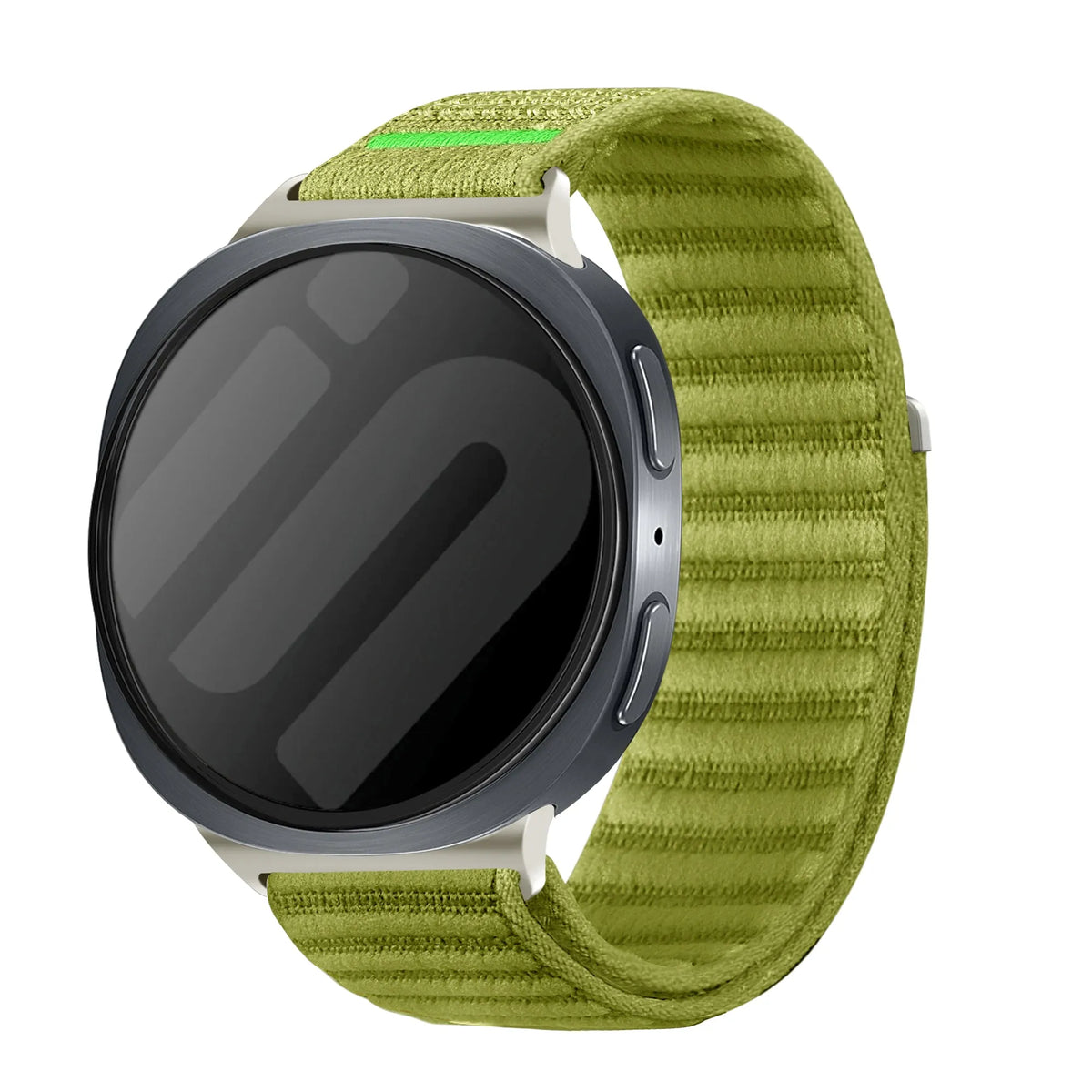 Wave Nylon Strap, field green, on a watch, 3/4 front view