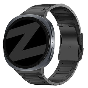 Titanium Strap 'Deluxe', black, on a watch, 3/4 front view