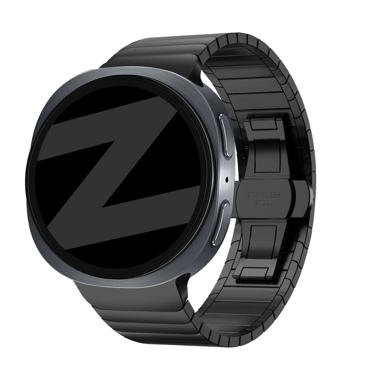 Steel Strap 'One Bead', black, on a watch, 3/4 front view