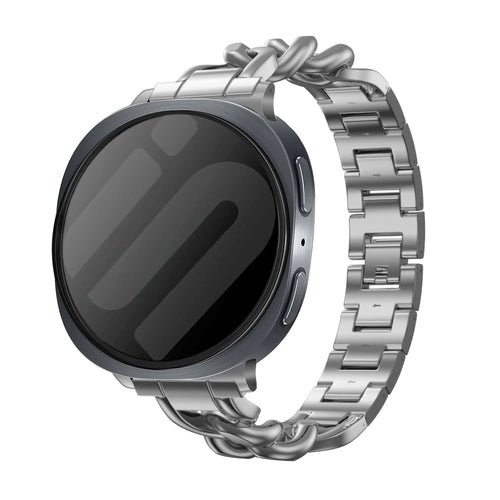 Steel Chain Strap, silver, on a watch, 3/4 front view