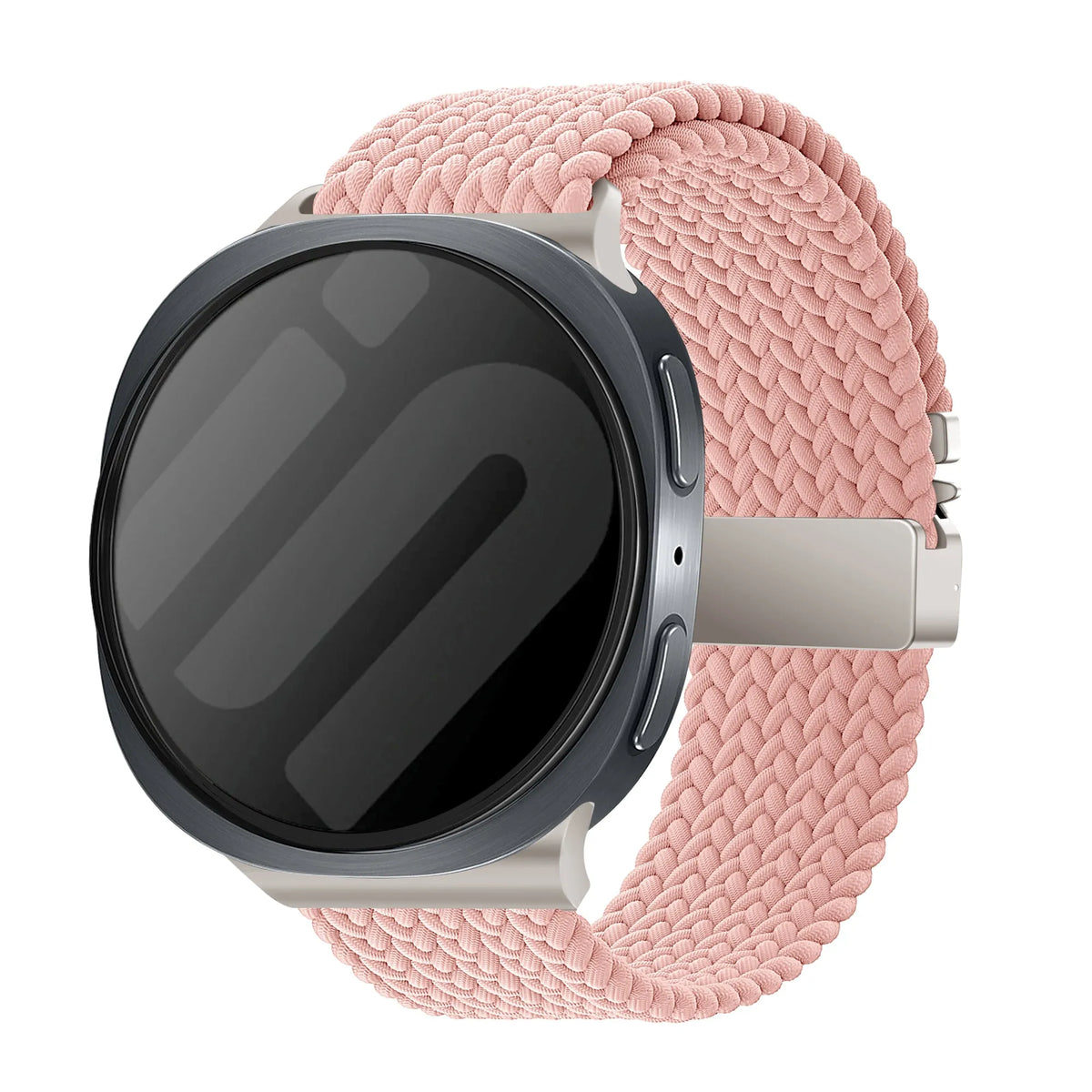 Nylon Braided Strap P-Buckle, pink, on a watch, 3/4 front view