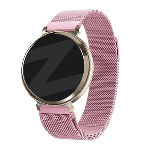 Milanese Loop Strap, pink, on a watch, 3/4 front view