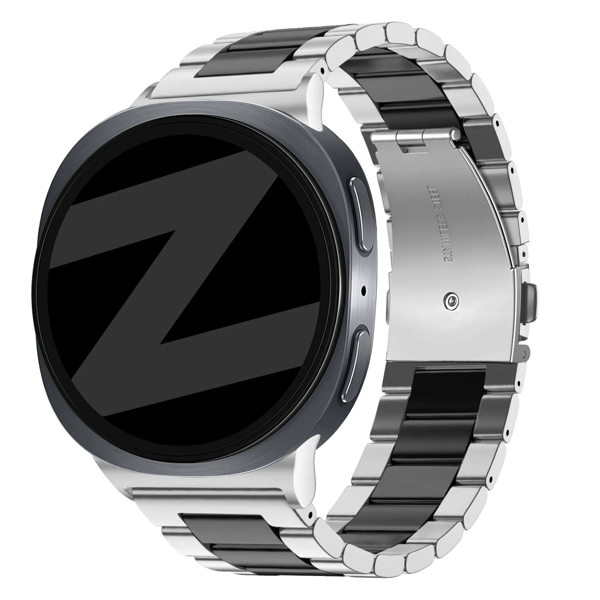 Steel Strap 'Classic', silver/black, on a watch, 3/4 front view