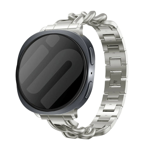 Steel Chain Strap, starlight, on a watch, 3/4 front view