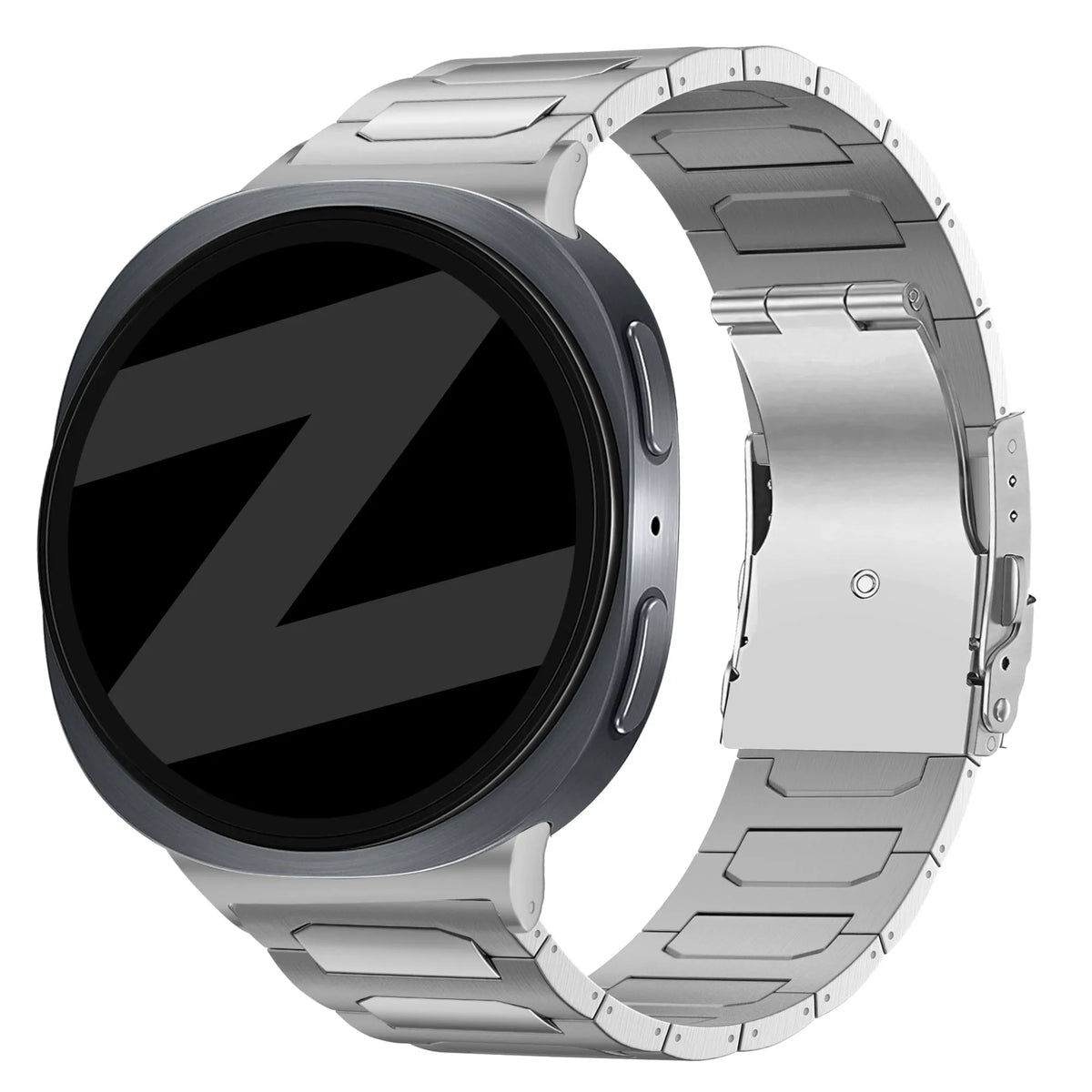 Titanium Strap 'Deluxe', silver, on a watch, 3/4 front view