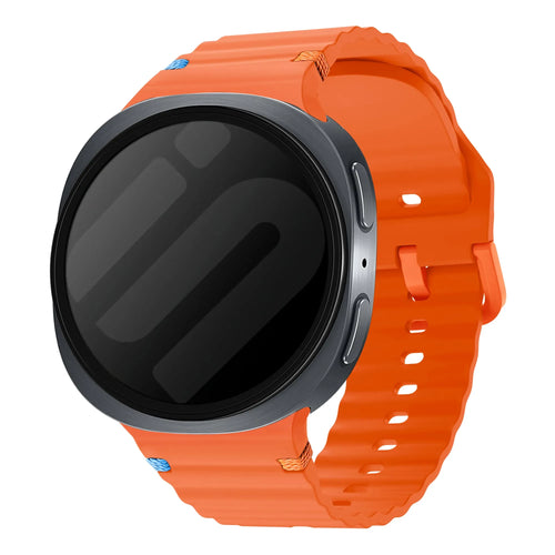 Wave Silicone Strap, orange, on a watch, 3/4 front view