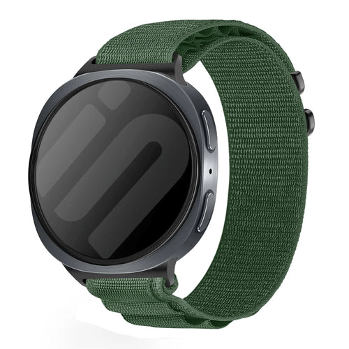 Alpine Nylon Strap, army green, on a watch, 3/4 front view